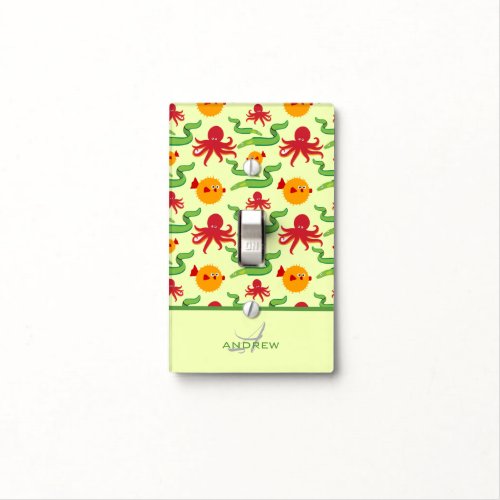 Colorful Ocean Creatures Monogrammed Pattern Light Switch Cover