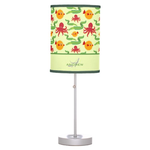 Colorful Ocean Creatures Monogrammed Pattern Table Lamp