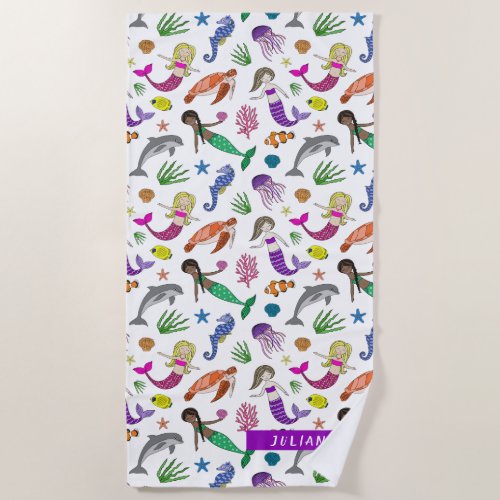 Colorful Ocean Friends  Custom Background Color Beach Towel