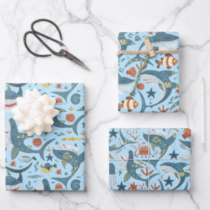 Colorful Ocean Marine Sea Shark Children Birthday Wrapping Paper Sheets