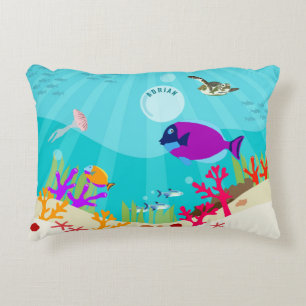 Colorful Ocean Sea Animals Kids Name Accent Pillow
