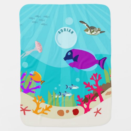 Colorful Ocean Sea Animals Kids Name Baby Blanket