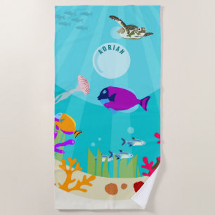 Colorful Ocean Sea Animals Kids Name Beach Towel