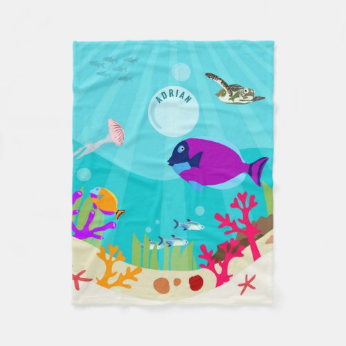 Colorful Ocean Sea Animals Kids Name Fleece Blanket