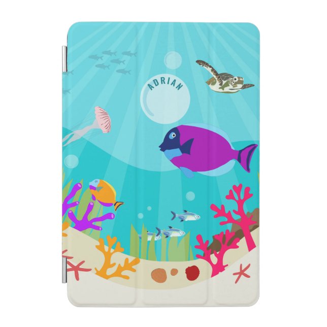 Colorful Ocean Sea Animals Kids Name iPad Mini Cover (Front)