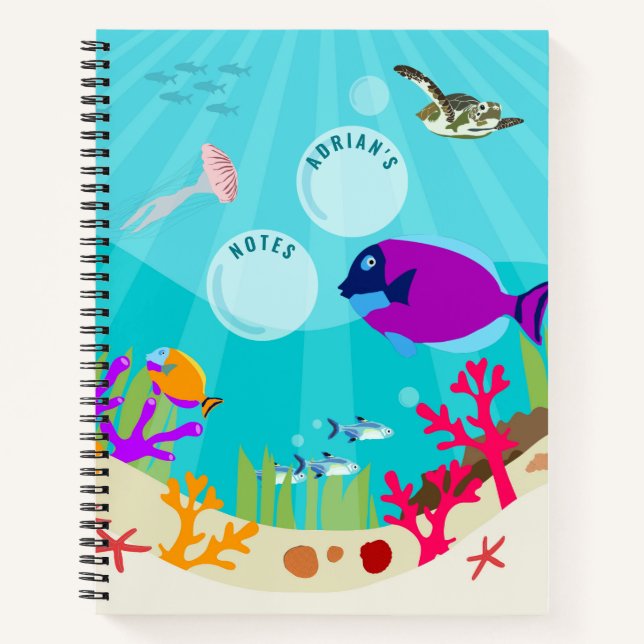 Colorful Ocean Sea Animals Kids Name  Notebook (Front)