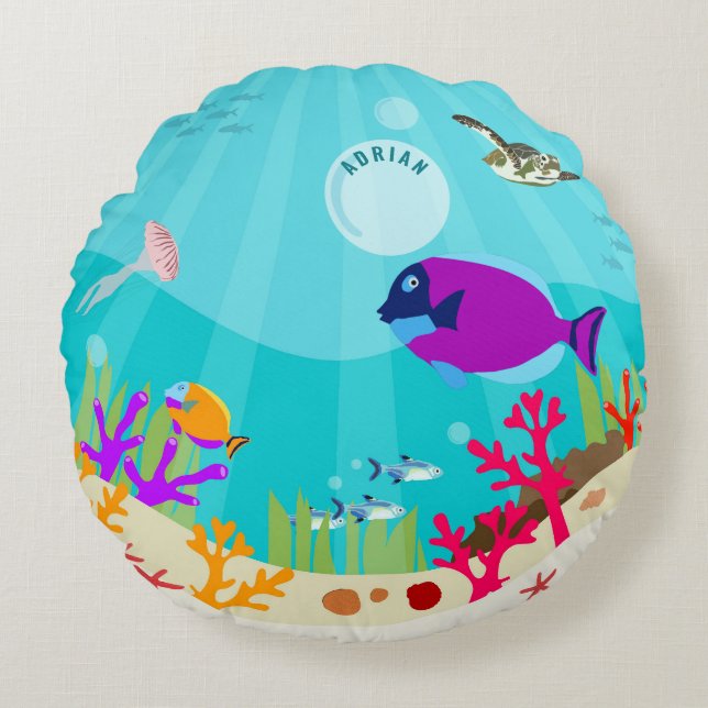 Colorful Ocean Sea Animals Kids Name Round Pillow (Front)