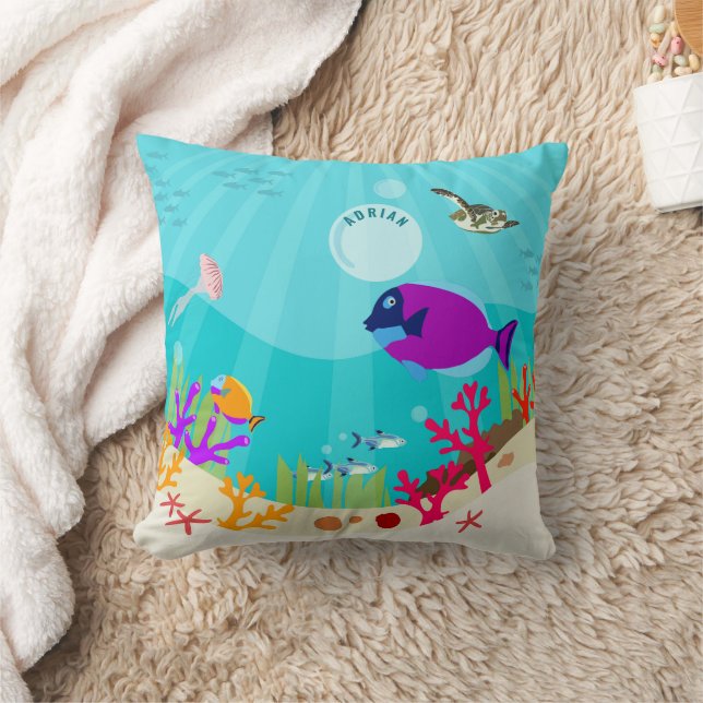 Colorful Ocean Sea Animals Kids Name Throw Pillow (Blanket)