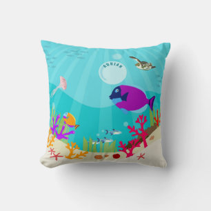 Colorful Ocean Sea Animals Kids Name Throw Pillow