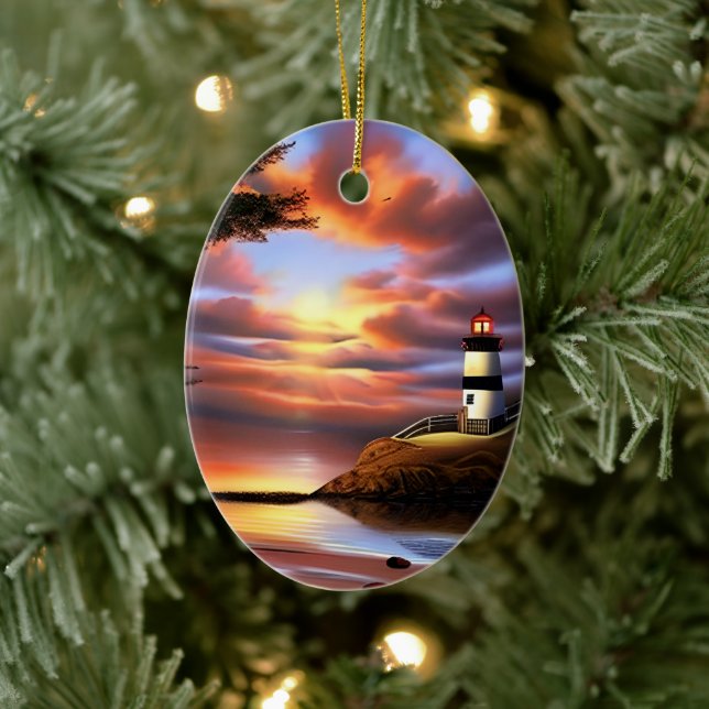 Colorful Ocean Sunset and Lighthouse Personalized Ceramic Ornament (Tree)