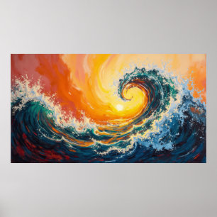 Colorful ocean wave breaking at sunset in oil pain poster