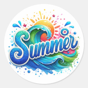 Colorful Ocean Waves Blue Glitter Sunshine Summe Classic Round Sticker