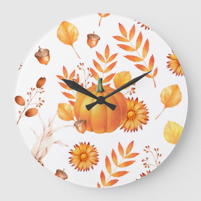 Colorful October Pumpkins Autumn Pattern Large Clock (Front)