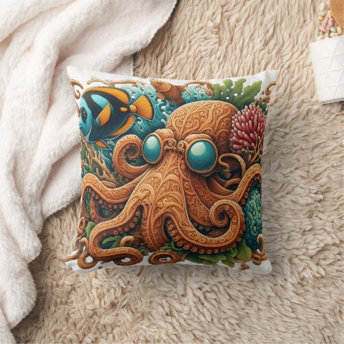 Colorful Octopus Among Coral Reef and Fish Throw Pillow