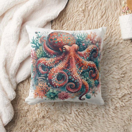 Colorful Octopus Among Vibrant Coral Reef Life Throw Pillow