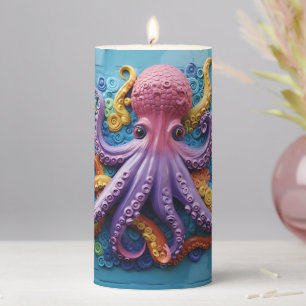 Colorful Octopus Beach Side Print 3D Look Pillar Candle