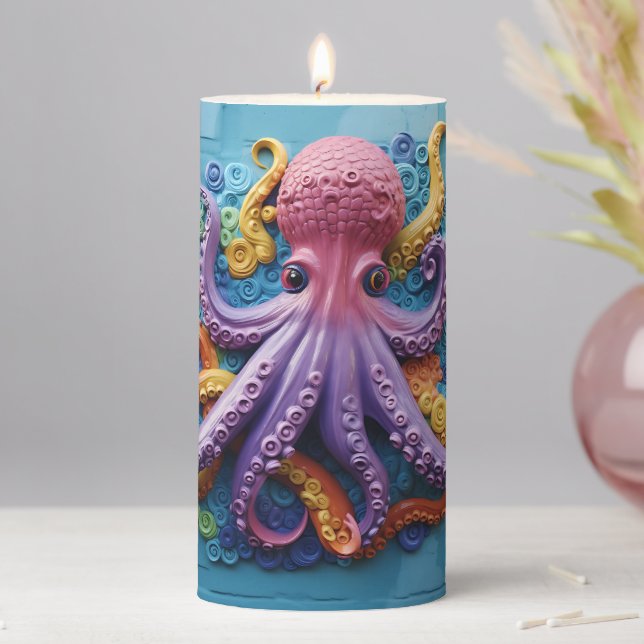 Colorful Octopus Beach Side Print 3D Look Pillar Candle (In Situ)
