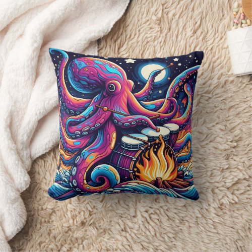 Colorful Octopus Drumming by the Campfire at Night Throw Pillow