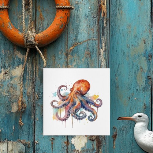 colorful octopus in watercolor  big eyes faux canvas print