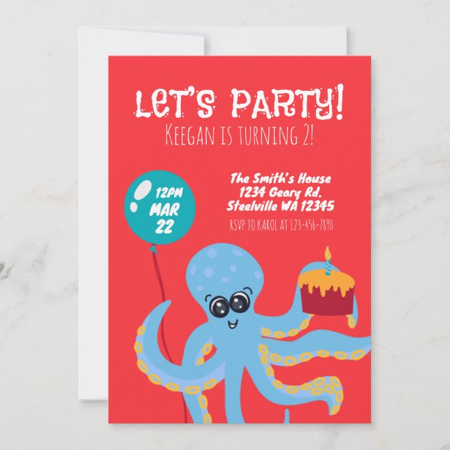 Colorful Octopus Ocean Boys Second Birthday  Invitation (Front)