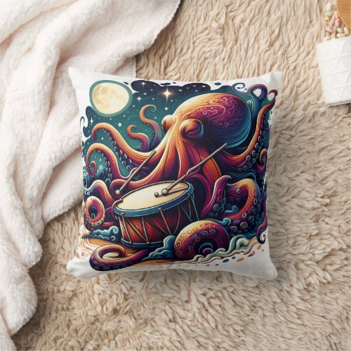 Colorful Octopus Playing Drum Under Moonlight Throw Pillow