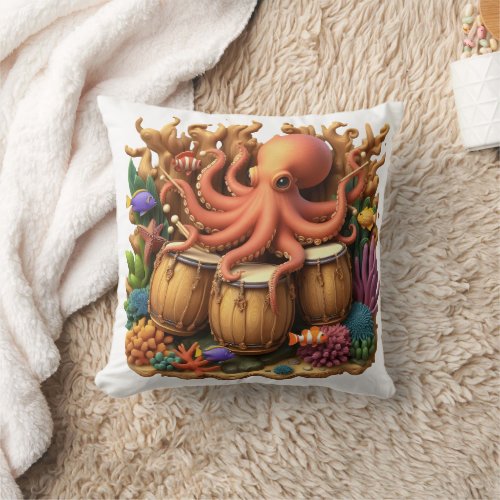 Colorful Octopus Playing Drums Among Coral Reef Throw Pillow