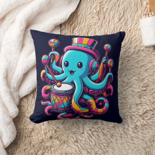 Colorful Octopus Playing Drums at a Fun Fair Throw Pillow