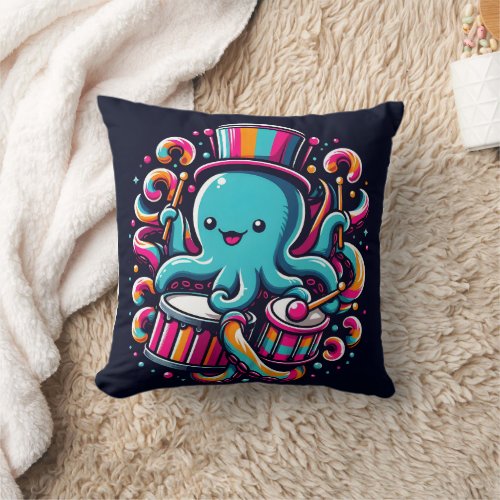 Colorful Octopus Playing Drums at Carnival Throw Pillow