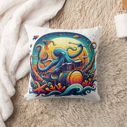 Colorful Octopus Playing Drums Underwater at Night Throw Pillow