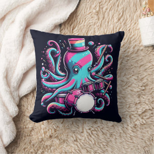 Colorful Octopus Playing Drums With Top Hat Throw Pillow
