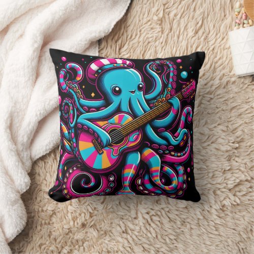 Colorful Octopus Playing Guitar In Vibrant Style Throw Pillow