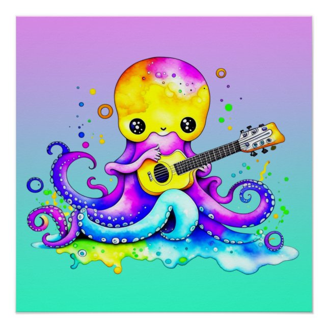 Colorful Octopus Playing Guitar Poster (Front)