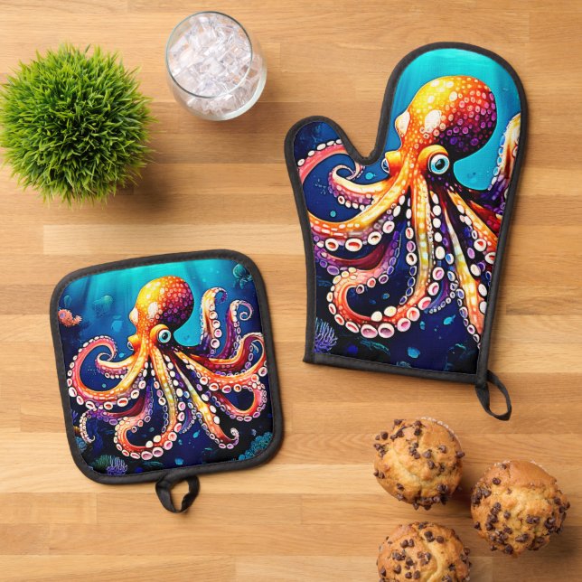 Colorful Octopus View Design Oven Mitt & Pot Holder Set (Top Down)