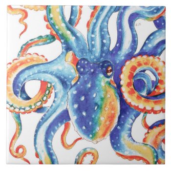 Colorful Octopus Watercolor Art Ceramic Tile by EveyArtStore at Zazzle