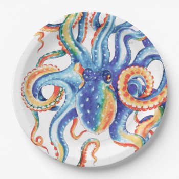 Colorful Octopus Watercolor Art Paper Plates by EveyArtStore at Zazzle