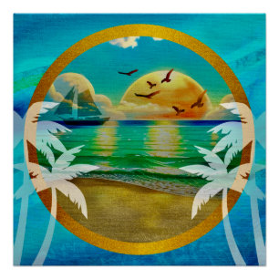 Colorful of a Beach with a Palm Tree and a Sun Poster