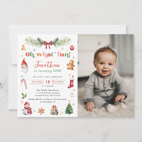 Colorful Oh What Fun 1st Christmas Birthday Photo Invitation