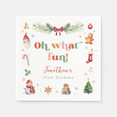 Colorful Oh What Fun 1st Christmas Cute Birthday Napkins