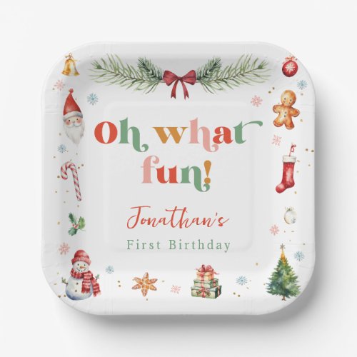 Colorful Oh What Fun 1st Christmas Cute Birthday Paper Plates