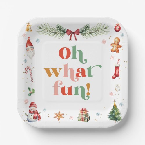 Colorful Oh What Fun Cute Christmas Holiday Party Paper Plates