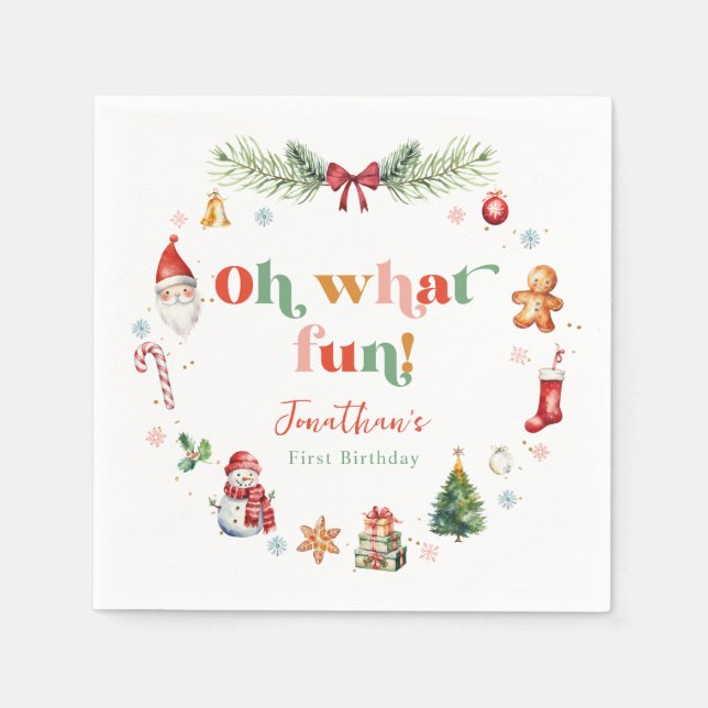 Colorful Oh What Fun First Christmas Birthday Napkins (Front)