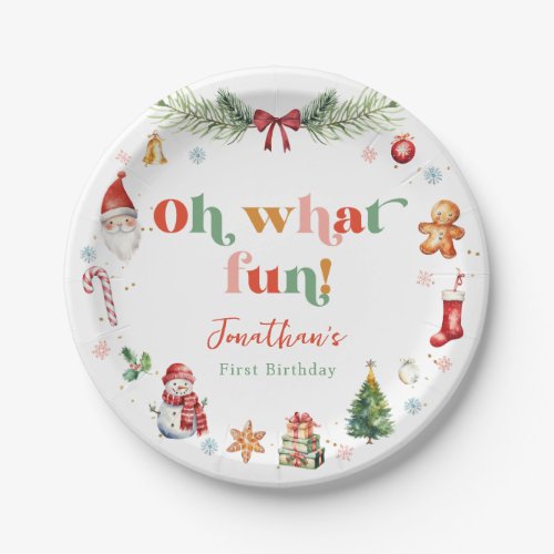 Colorful Oh What Fun First Christmas Birthday Paper Plates