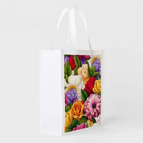 Colorful oil painted flowers grocery bag
