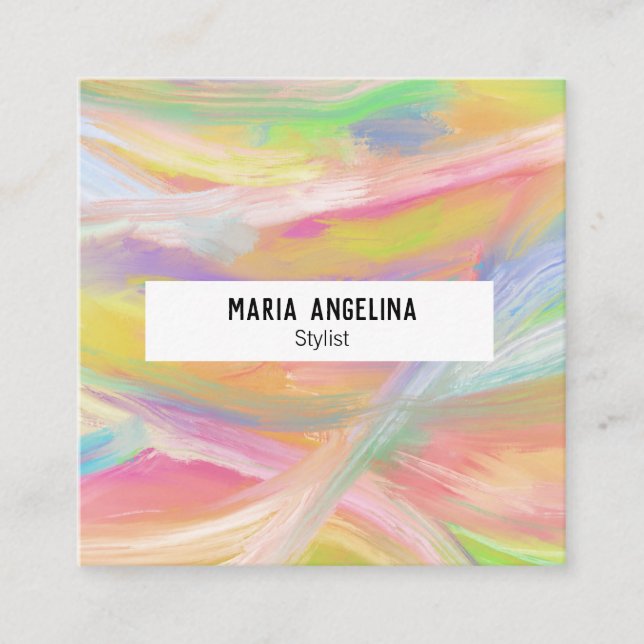 Colorful oil painting abstract rainbow square business card (Front)