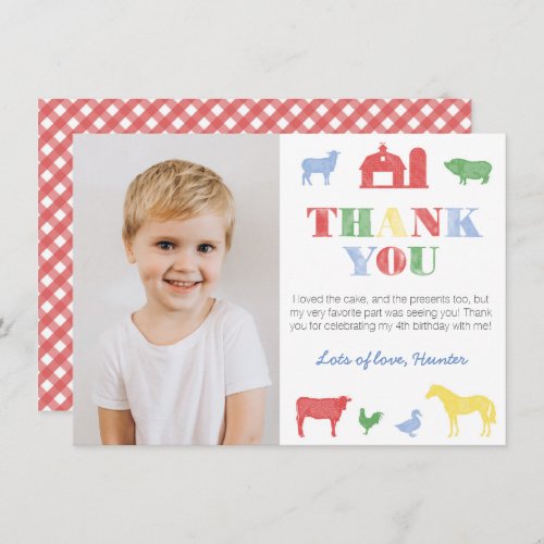 Colorful Old MacDonald Farm Birthday Party Picture Thank You Card