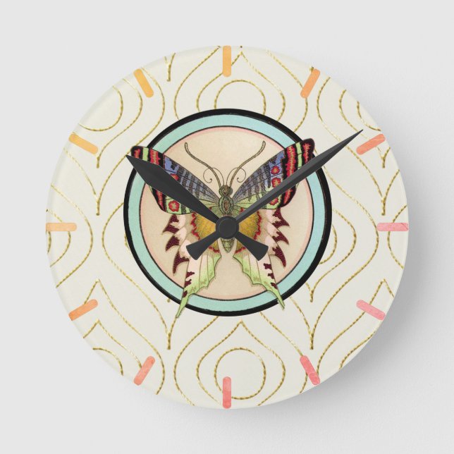 Colorful Old World Butterfly Round Clock (Front)