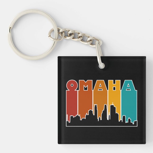 Colorful Omaha Nebraska Retro Sunset Keychain (Front)