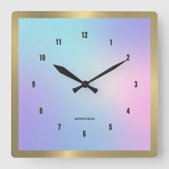 Colorful ombre background gold accent square wall clock (Front)