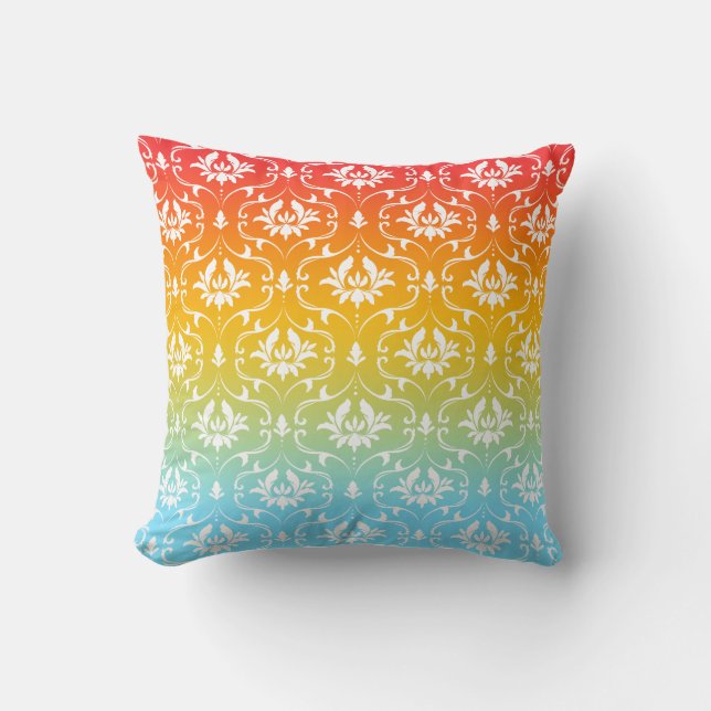 Colorful Ombre White Damask Throw Pillow (Front)