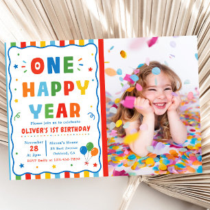 Colorful One Happy Year 1st Birthday Photo Invitation